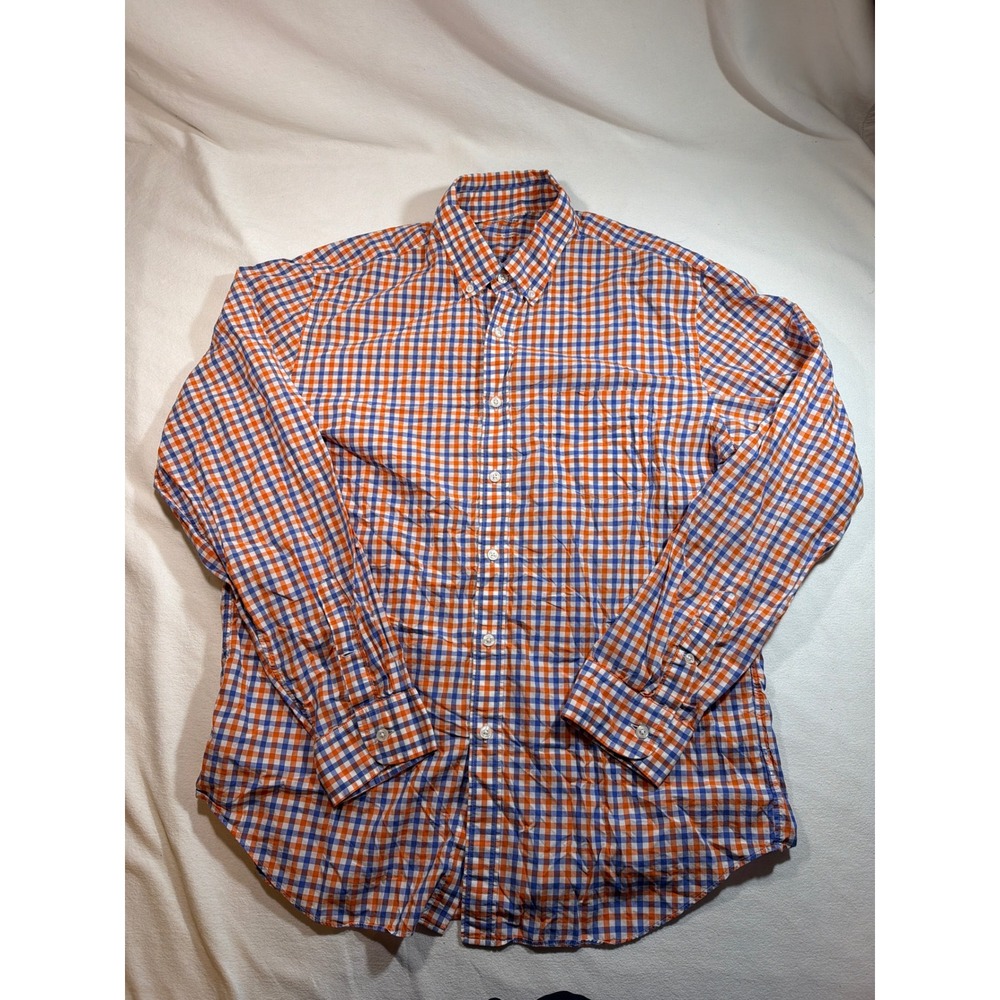 J.Crew Men Large Light Weight Shirt Gingham Orange Blue Check Button Down Cotton